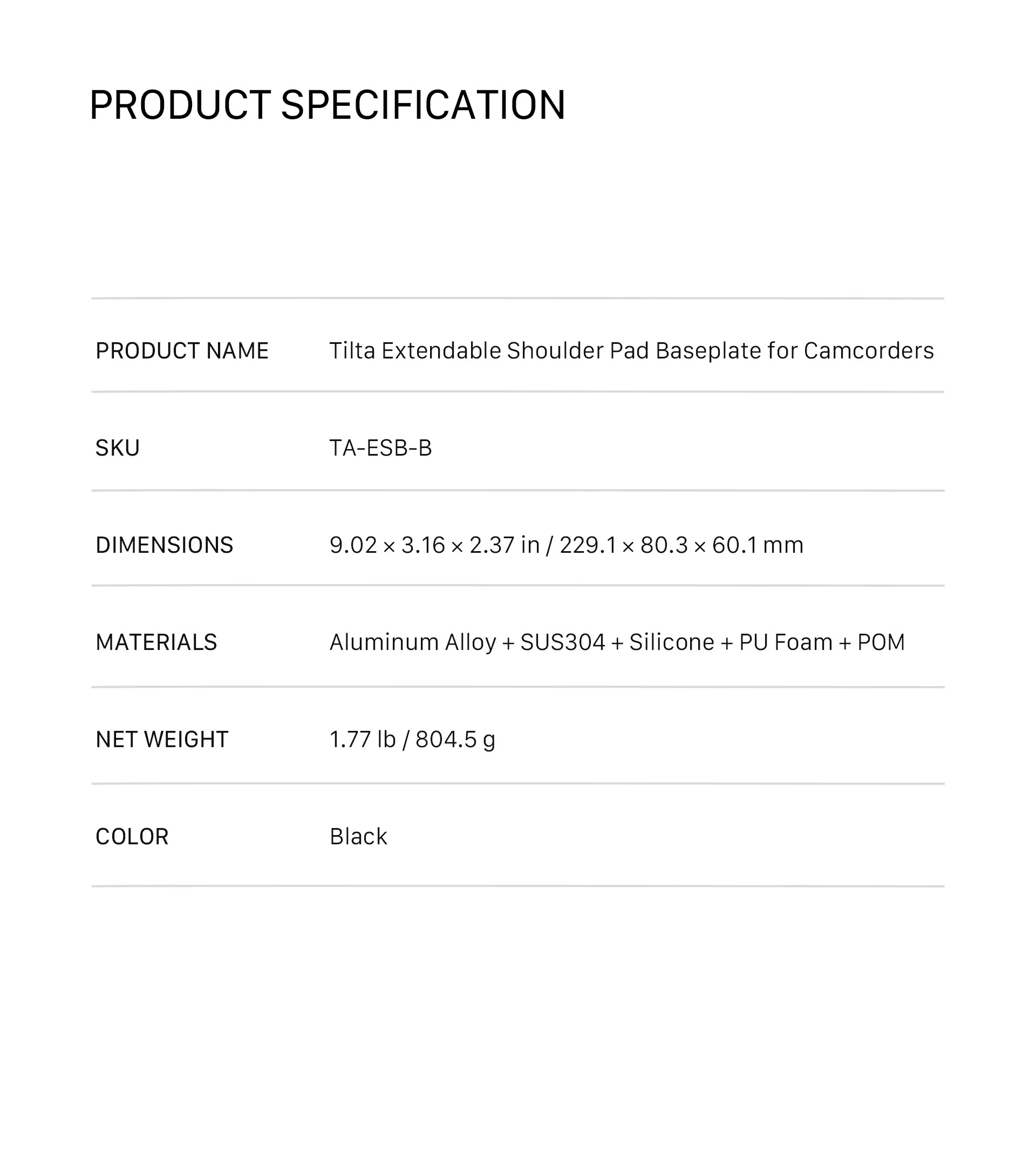 Tilta Extendable Shoulder Pad Baseplate for Camcorders – Black