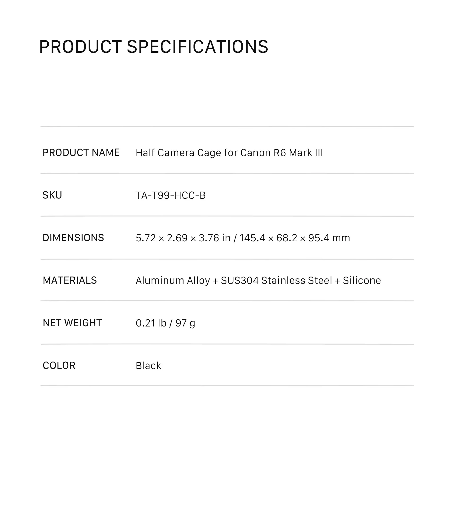 Half Camera Cage for Canon R6 Mark III – Black