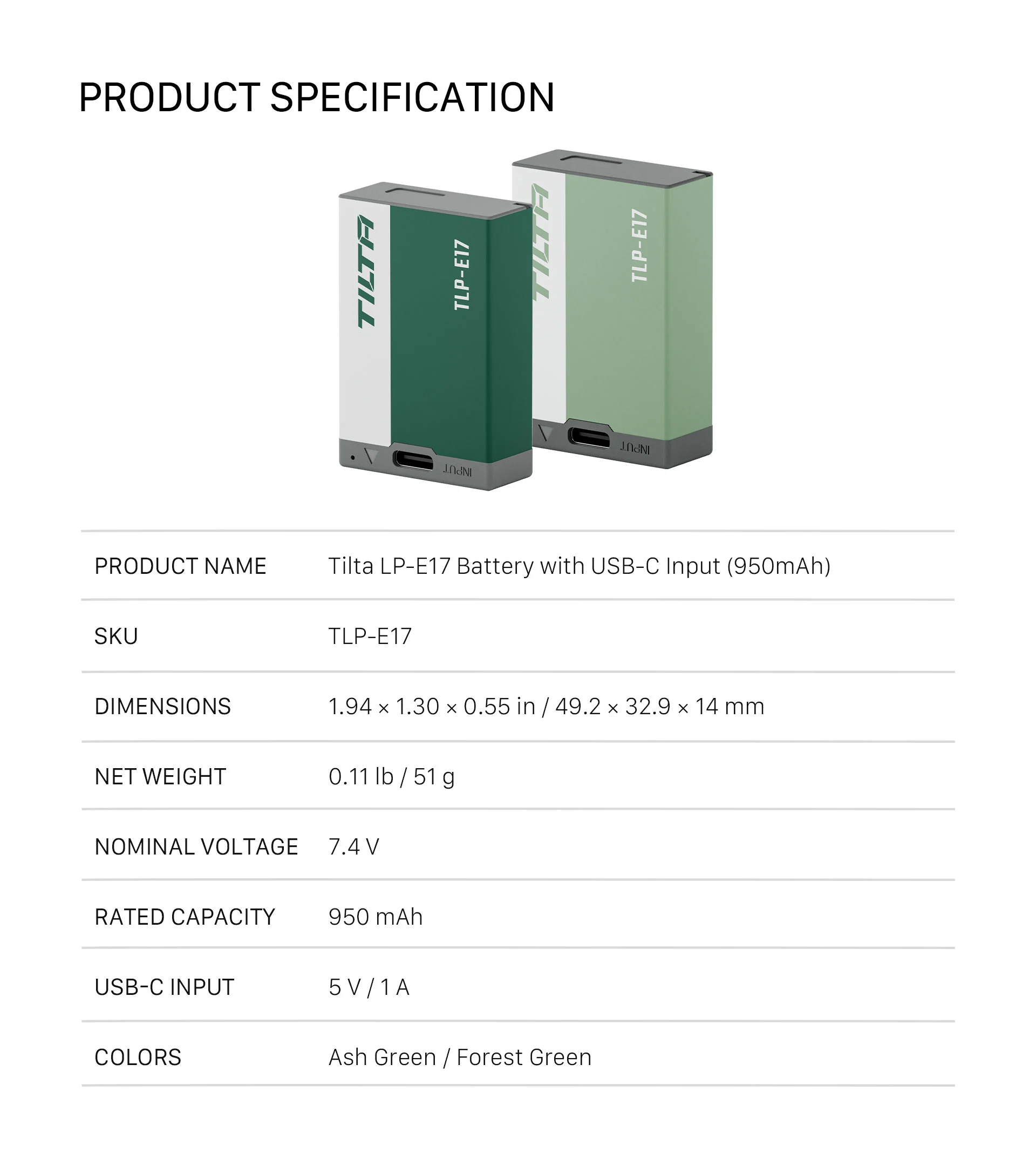 Tilta LP-E17 Battery with USB-C Input (950mAh)