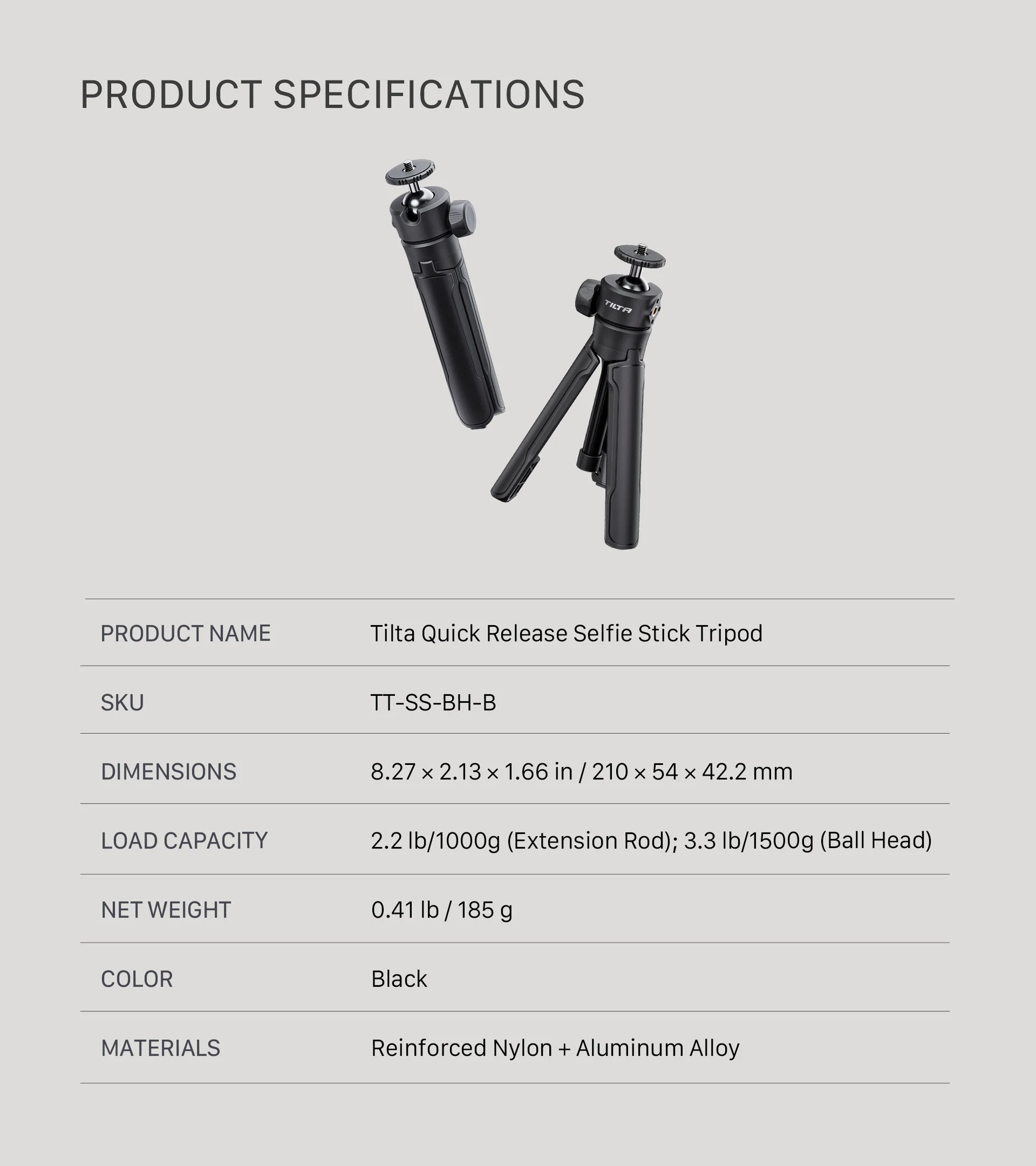 Tilta Quick Release Selfie Stick Tripod – Black